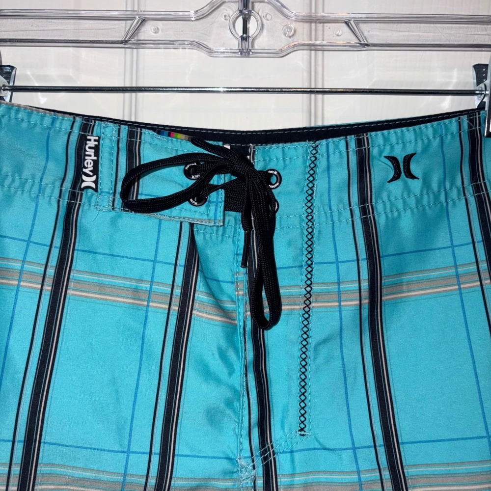 Hurley Mens Board Shorts Turquoise Blue Plaid Striped Swim Trunks Size 31 - Picture 2 of 6